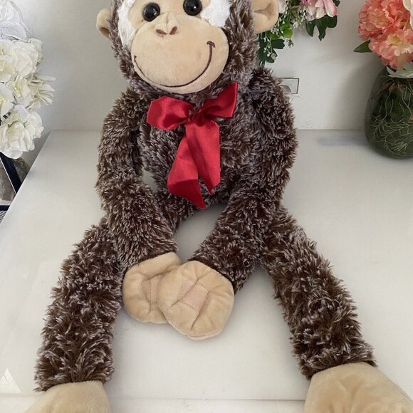 Vintage Pier One 1‎ Imports Brown Hanging Monkey Plush Poseable Animal 26" Bow - Picture 3 of 16